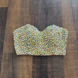 Marciano Rhinestone Strapless Bustier Corset Top Nude Iridescent Size XS